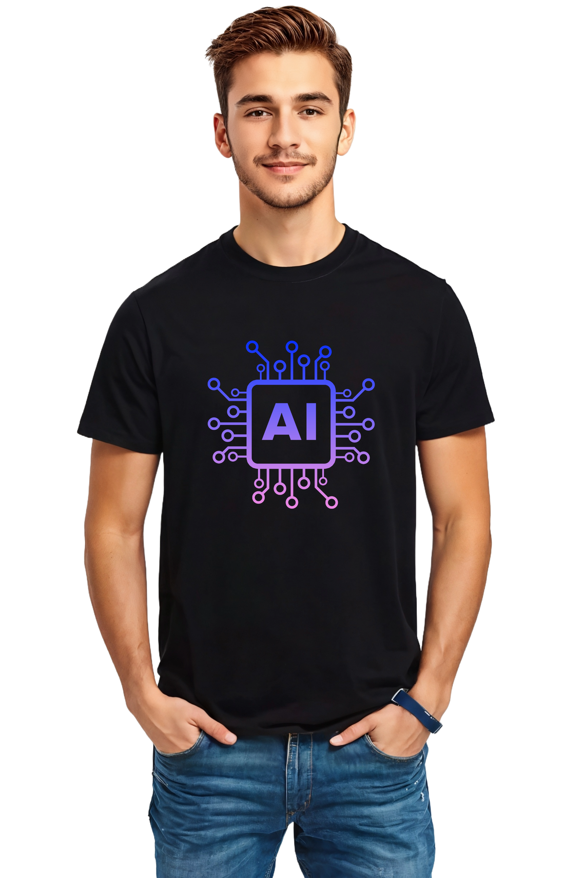 AI Crew Neck Half Sleeve Graphic Cotton T-Shirt (Black)