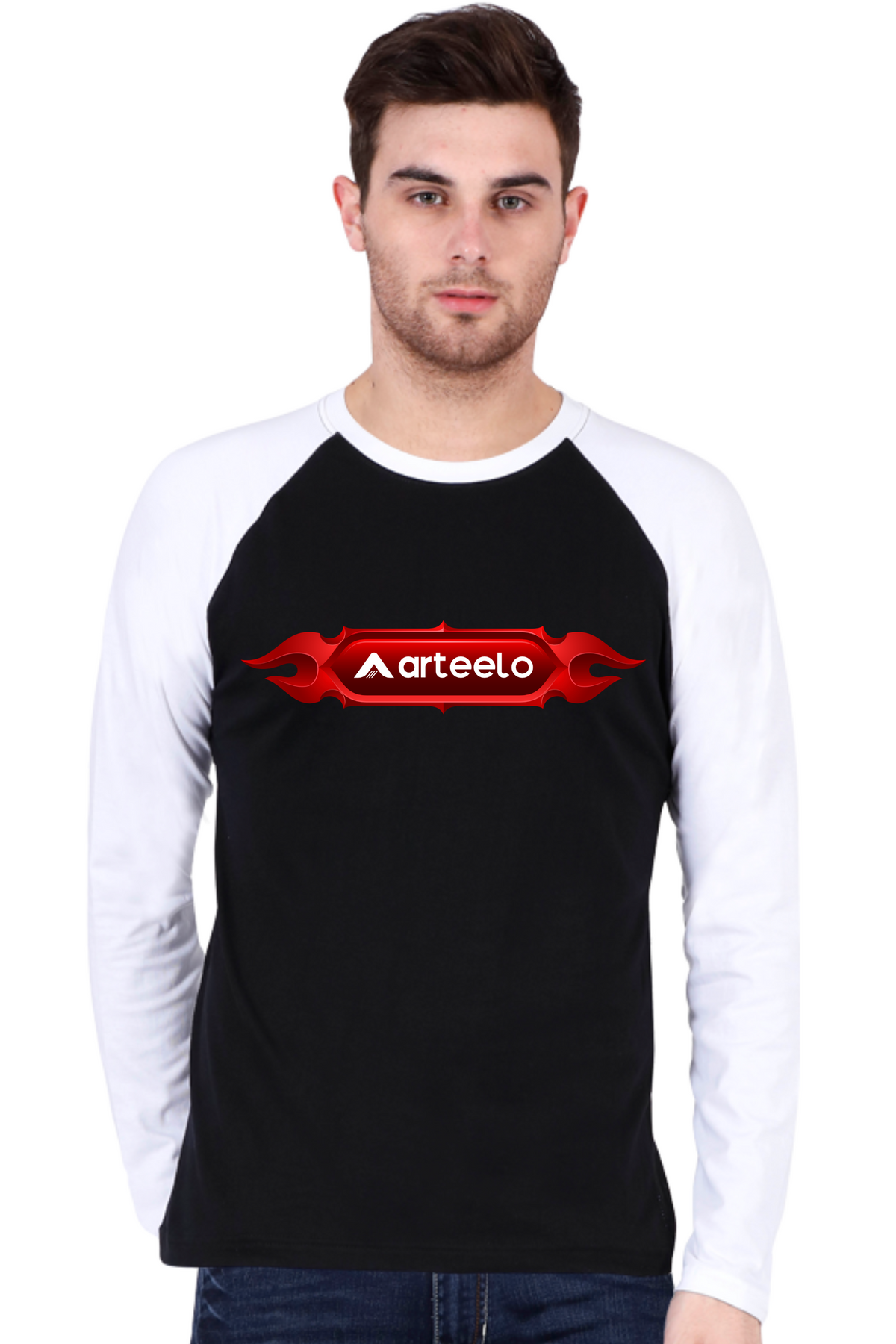 Blazing Red arteelo flame Crew Neck Raglan Full Sleeve Graphic Cotton T-Shirt (Black)