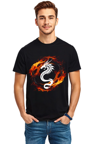 Dragon Inferno Crew Neck Half Sleeve Graphic Cotton T-Shirt (Black)