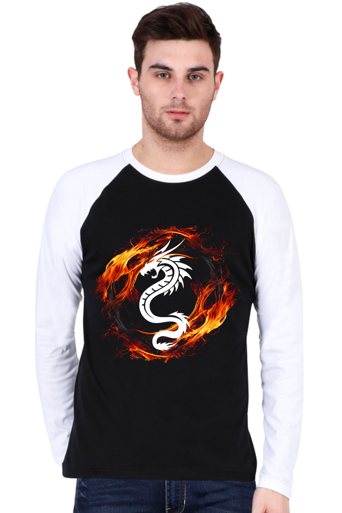 Dragon Inferno Crew Neck Raglan Full Sleeve Graphic Cotton T-Shirt (Black)