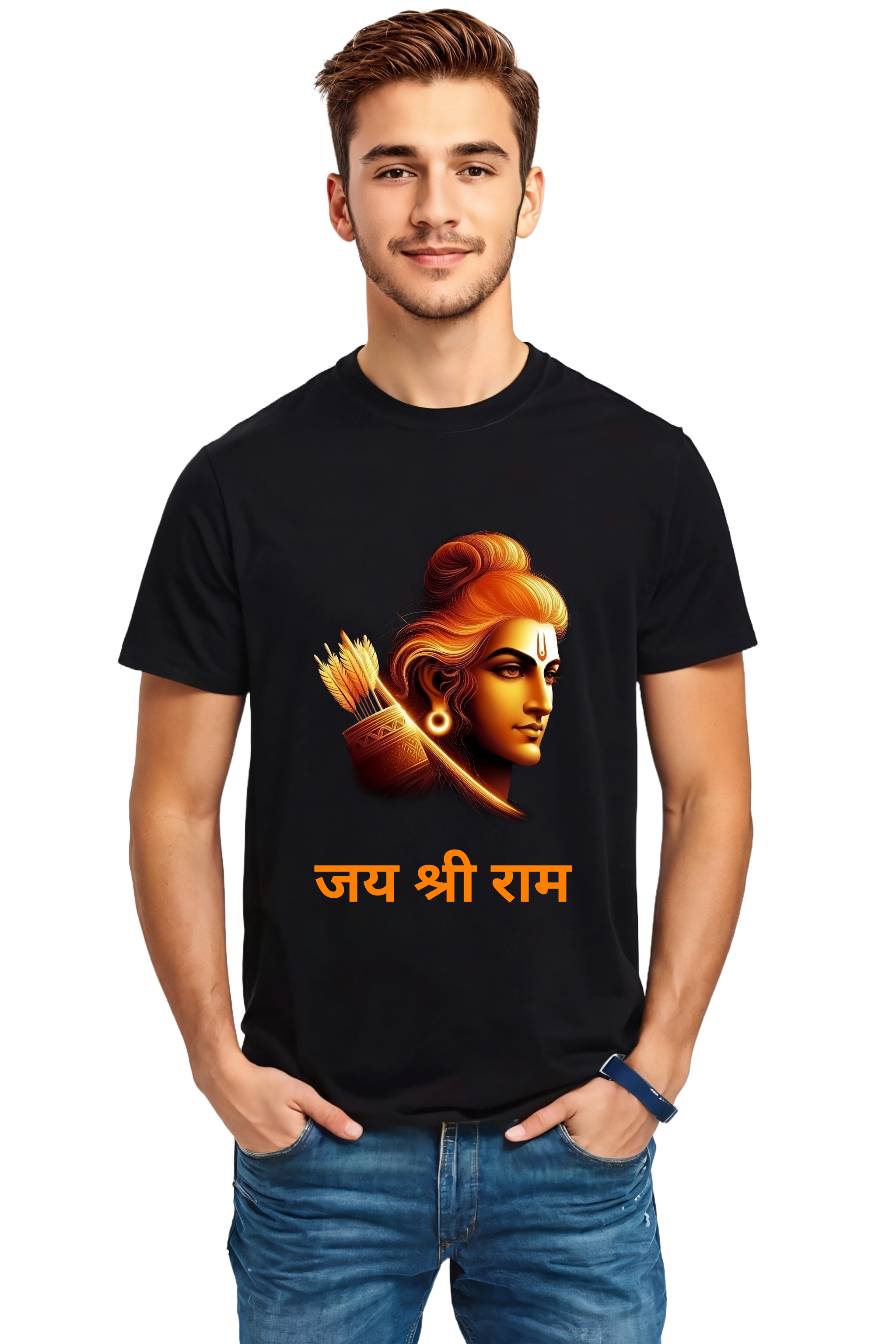 Jai Shri Ram Sanskrit Text Graphic Crew Neck Half Sleeve Cotton T-shirt