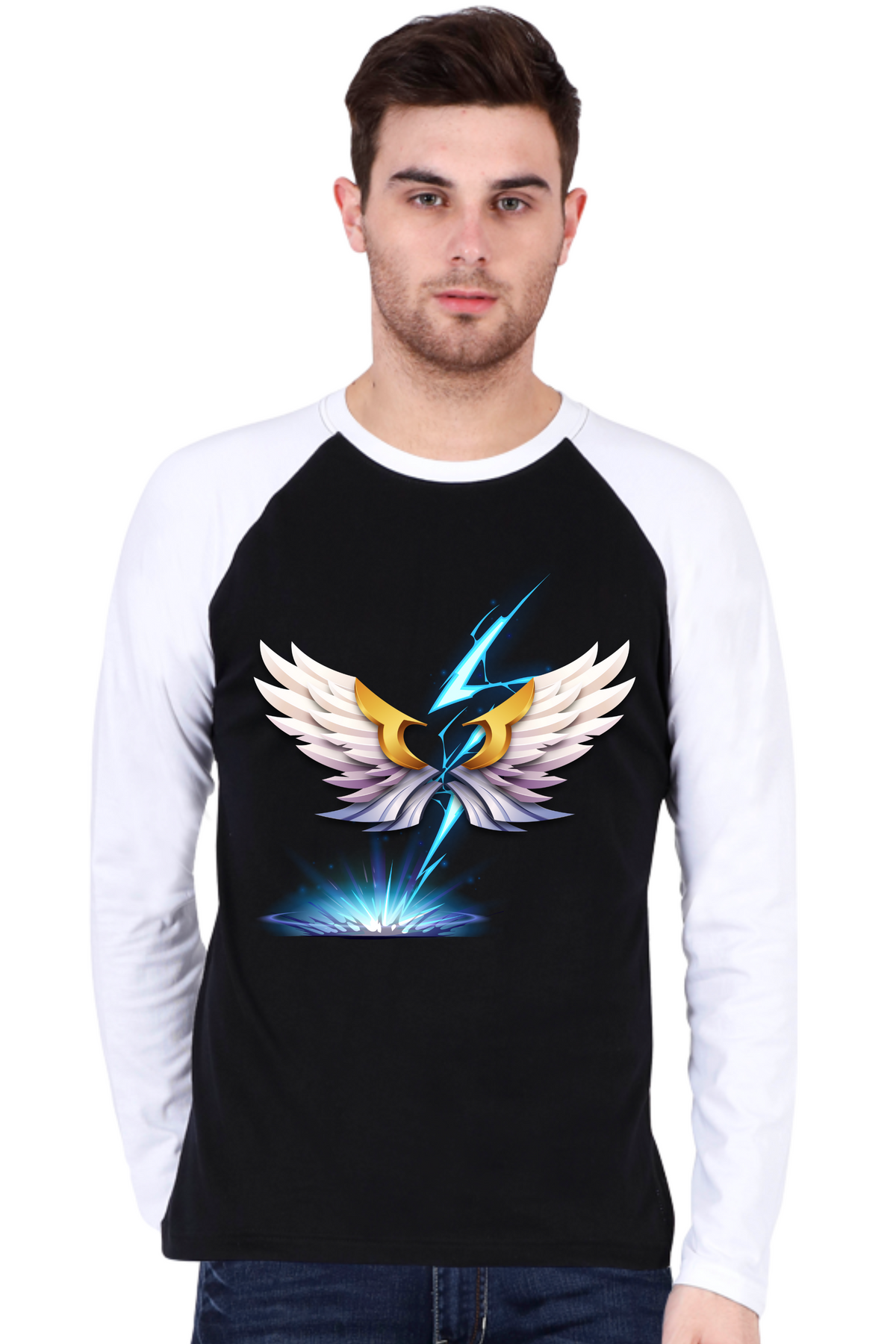 Lightning Wings Burst Crew Neck Raglan Full Sleeve Graphic Cotton T-Shirt (Black)