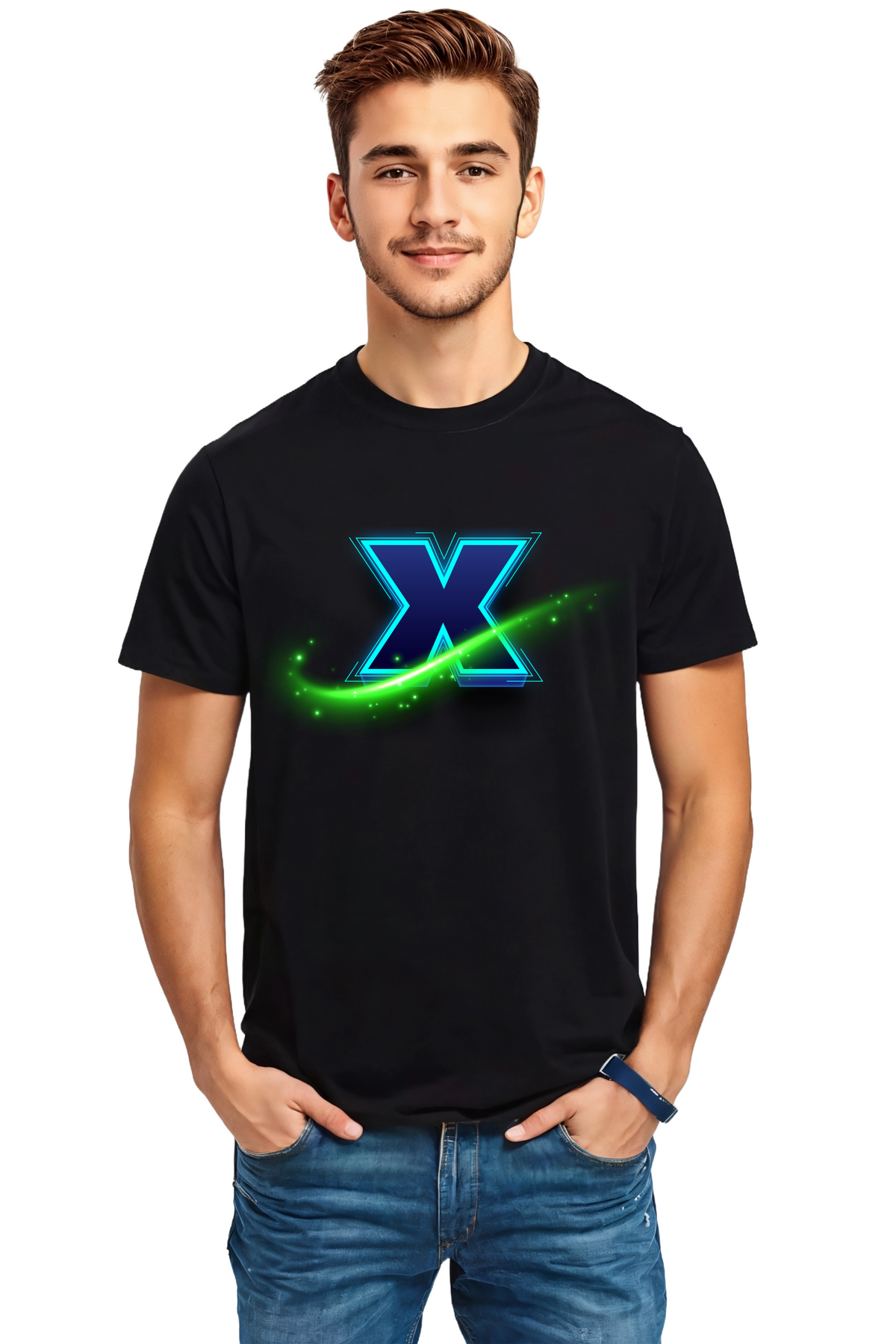Neon Cosmic X Crew Neck Half Sleeve Graphic Cotton T-Shirt (Black)