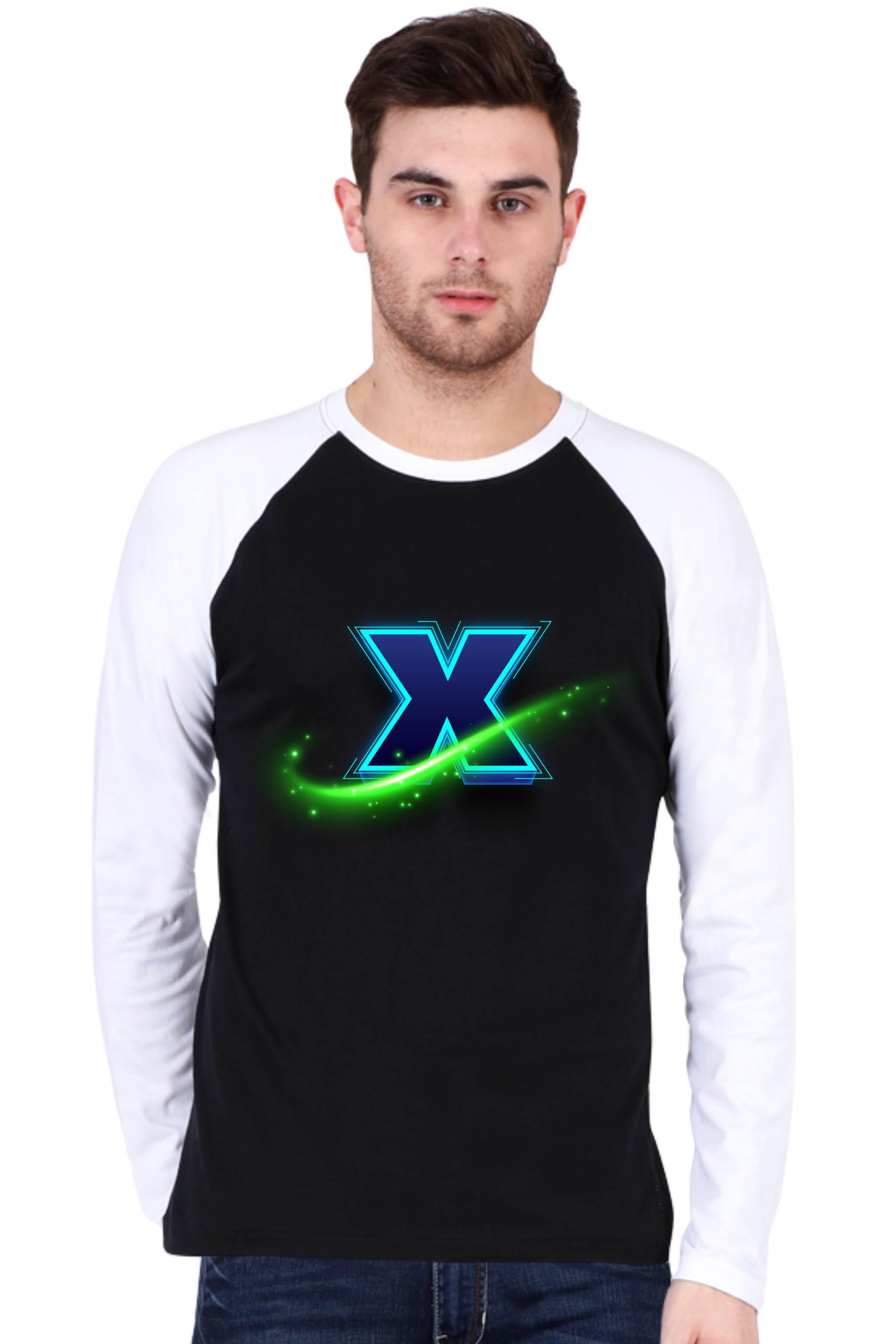 Neon Cosmic X Crew Neck Raglan Full Sleeve Graphic Cotton T-Shirt (Black)