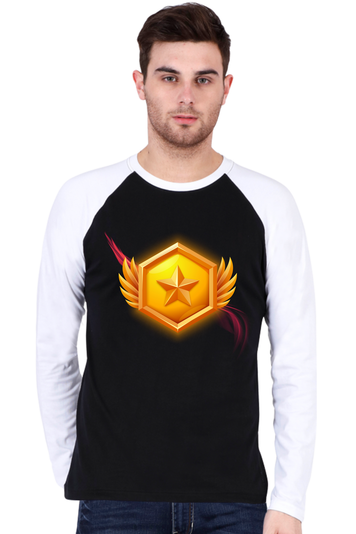 Golder Star Medal Crew Neck Raglan Full Sleeve Graphic Cotton T-Shirt (Black)