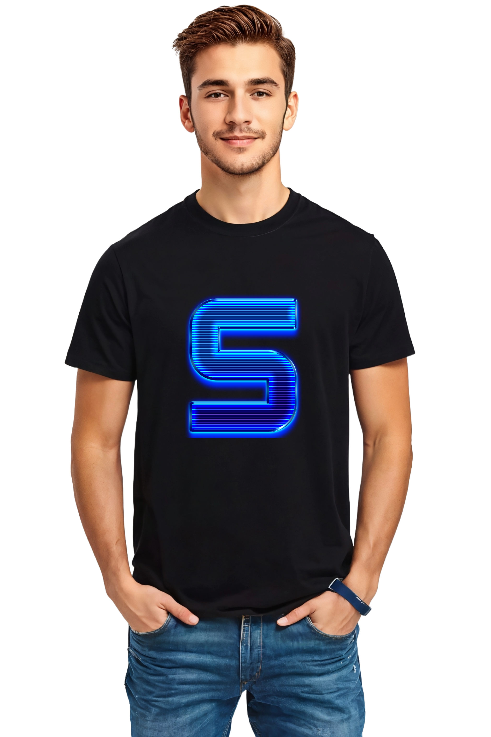 Striking Blue Stripe Crew Neck Half Sleeve Graphic Cotton T-Shirt (Black)
