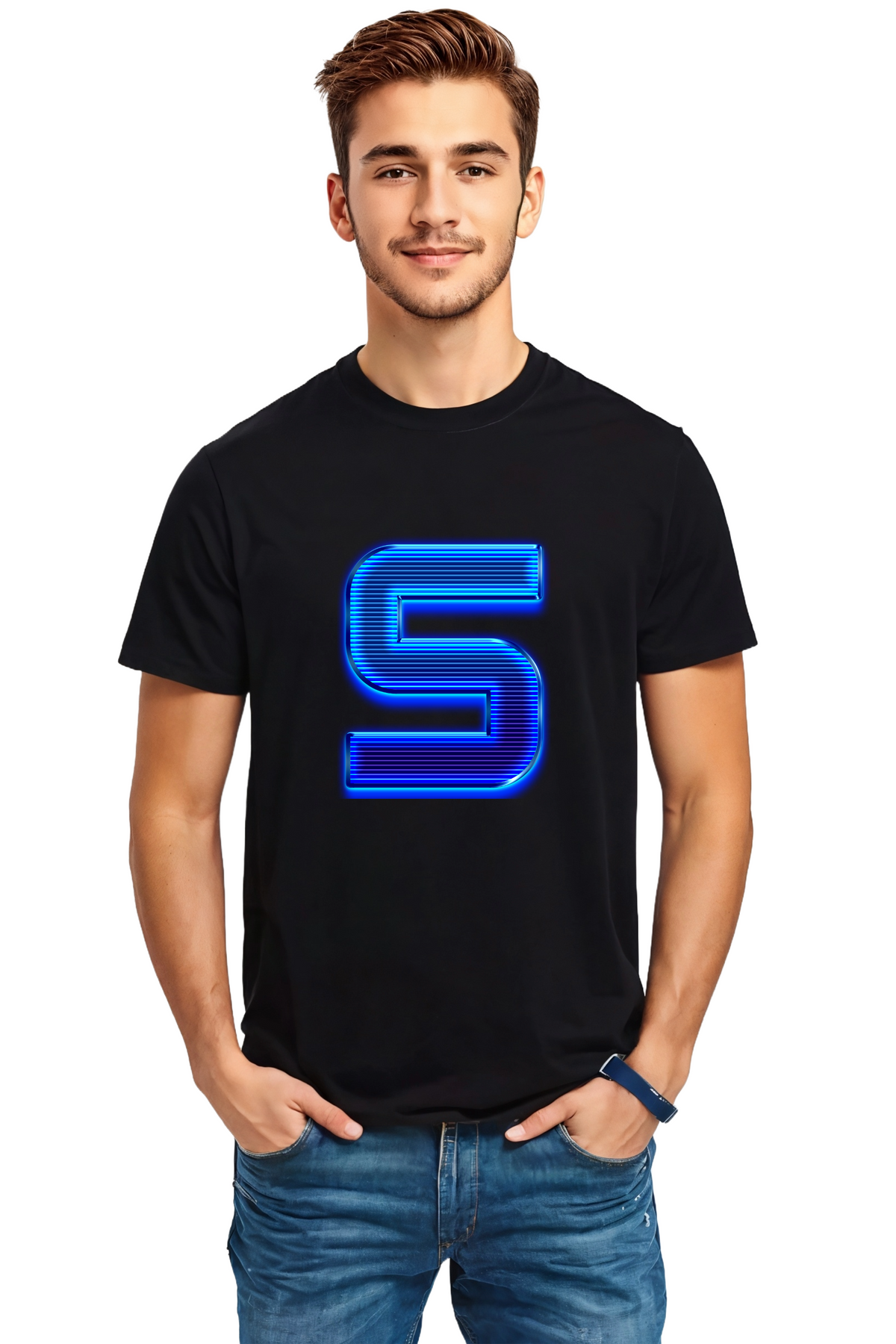 Striking Blue Stripe Crew Neck Half Sleeve Graphic Cotton T-Shirt (Black)