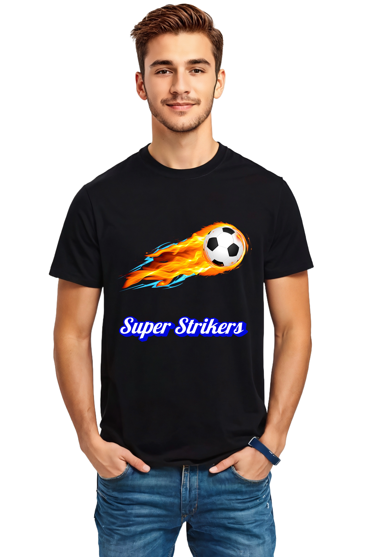 Super Strikers Crew Neck Half Sleeve Graphic Cotton T-Shirt(Black)