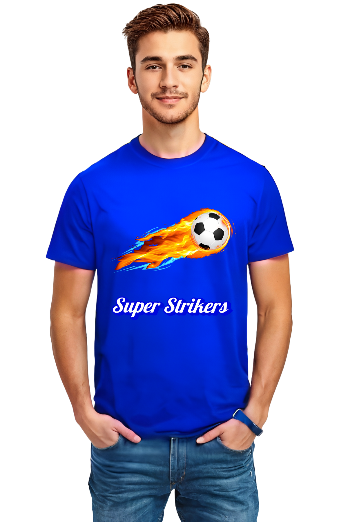 Super Strikers Crew Neck Half Sleeve Graphic Cotton T-Shirt(Blue)