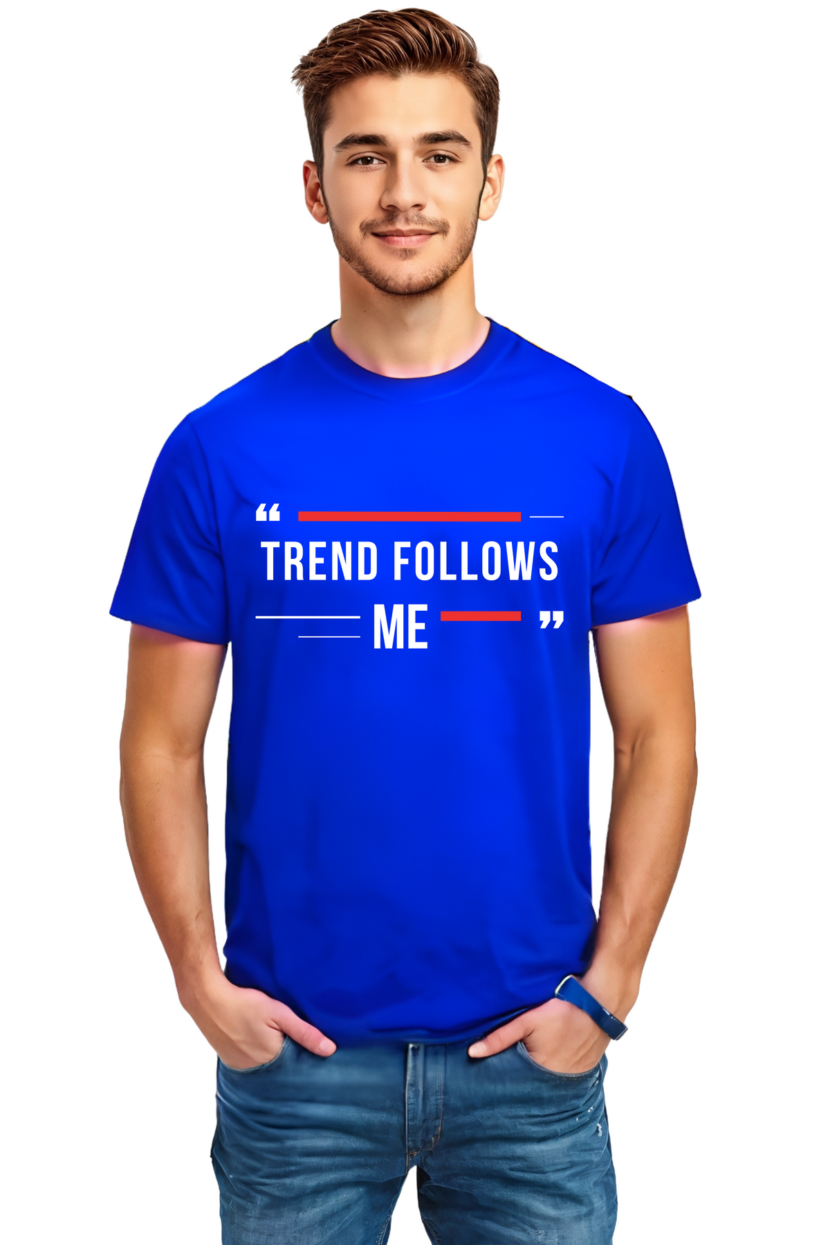 Trend Follows Me Graphic Crew Neck Half Sleeve Cotton T-shirt (Blue)