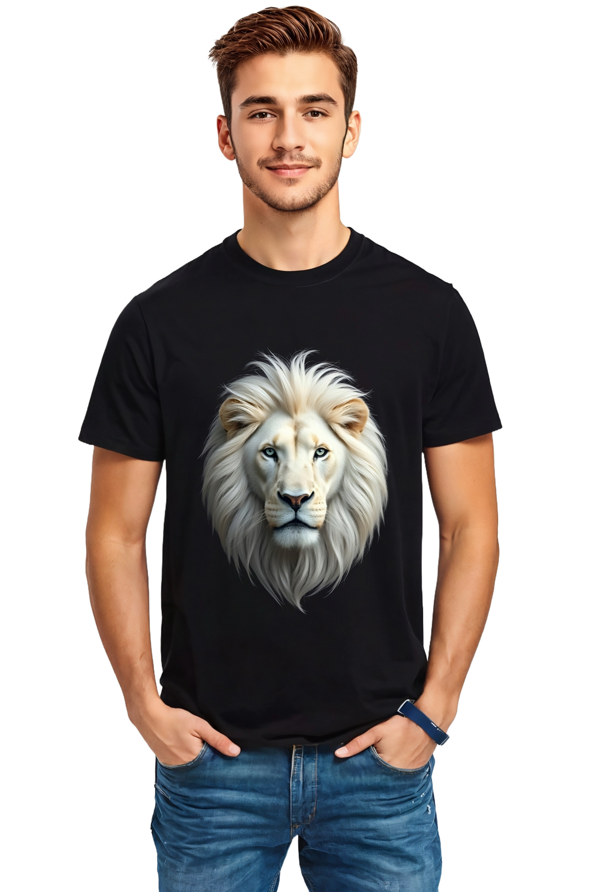 White Lion Crew Neck Half Sleeve Graphic Cotton T-Shirt (Black)