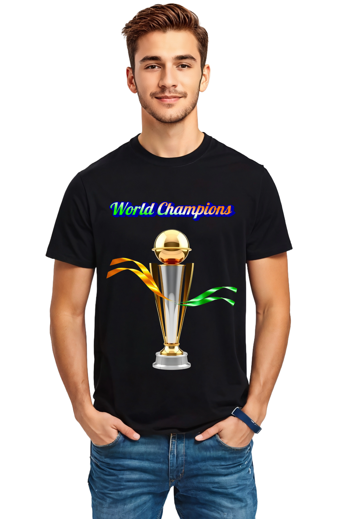 World Champions Crew Neck Half Sleeve Graphic Cotton T-Shirt (Black)